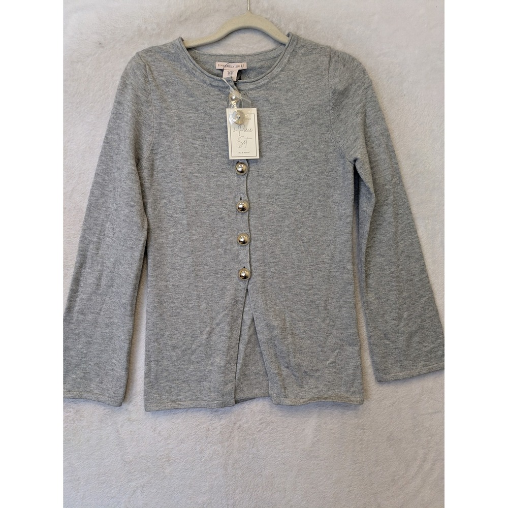 NEW Sincerely Jules Cardigan Women's XS Gray‎ Gold Button Front